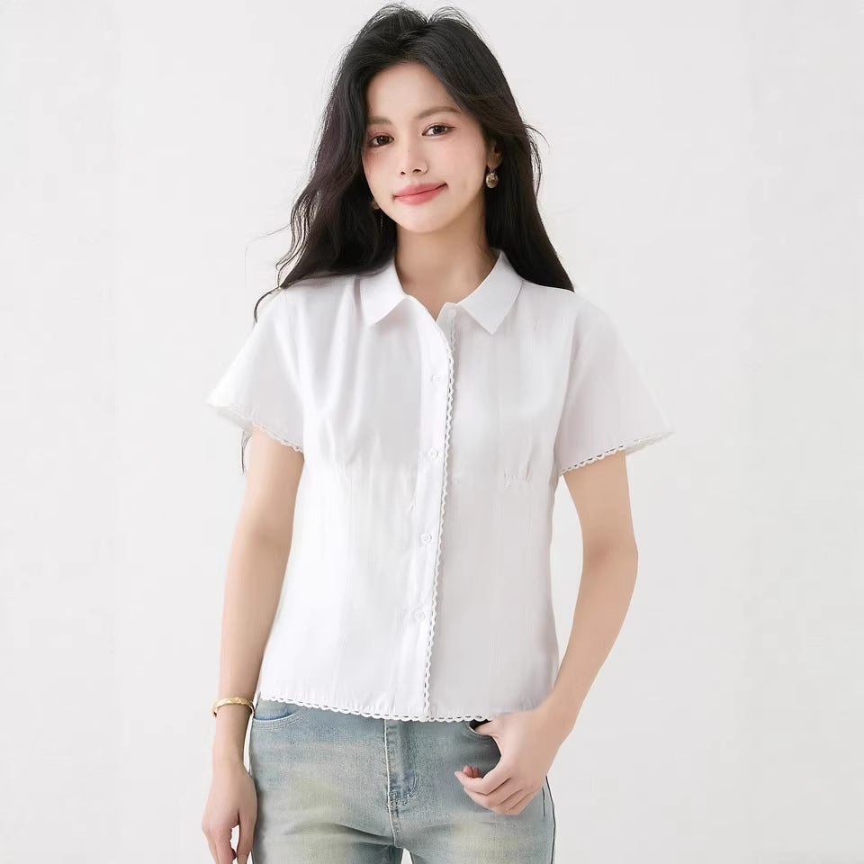 White Lace Short Sleeve Shirt for WomenPolo Collar, Fitted Blouse