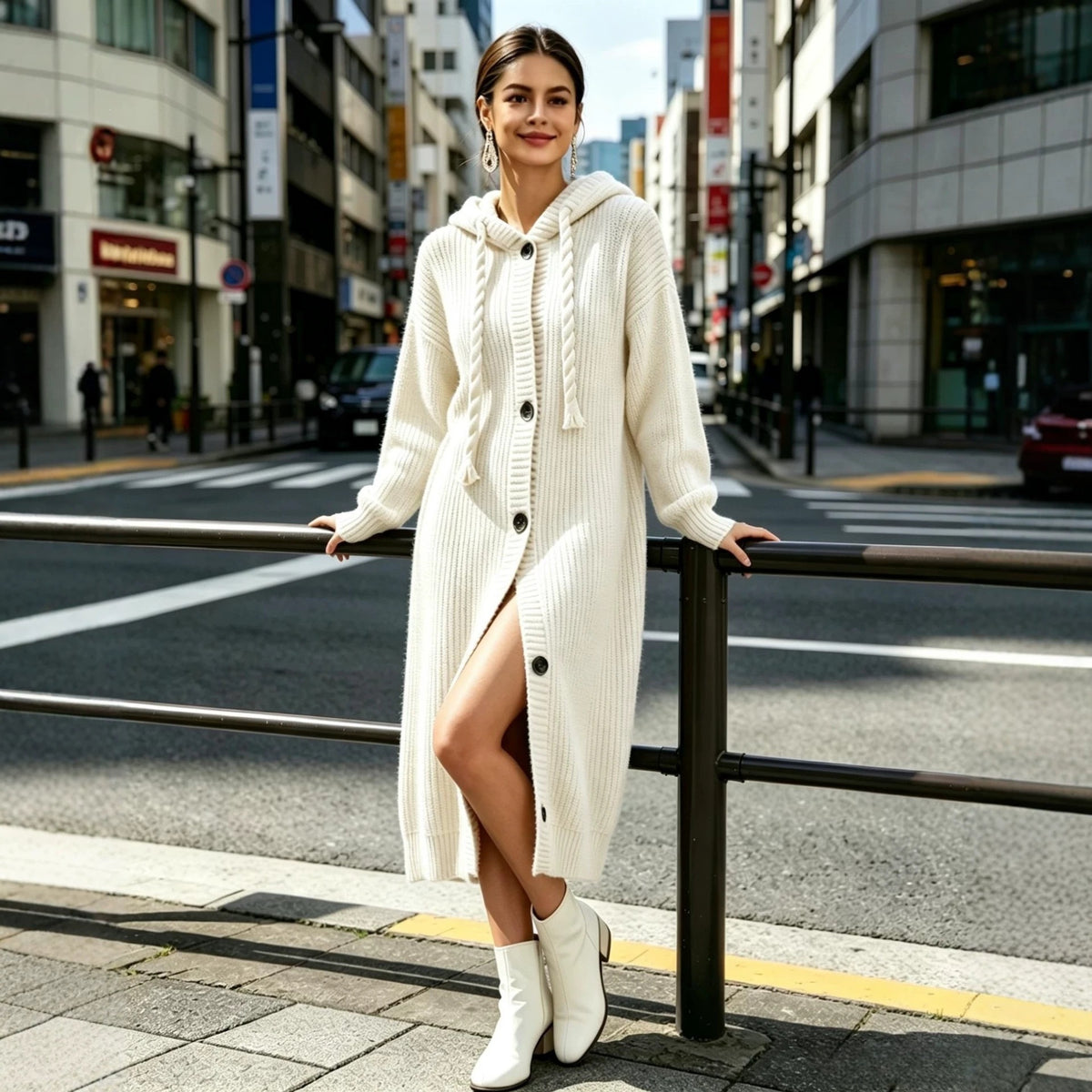 Hooded drawstring long dress for women