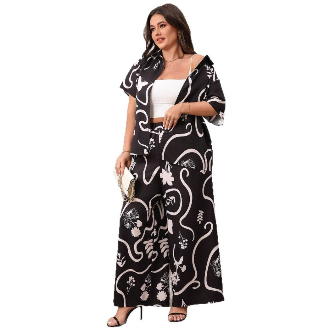 Women's Plus Size Printed Loose Short Sleeve Cardigan and Wide Leg Pants Set