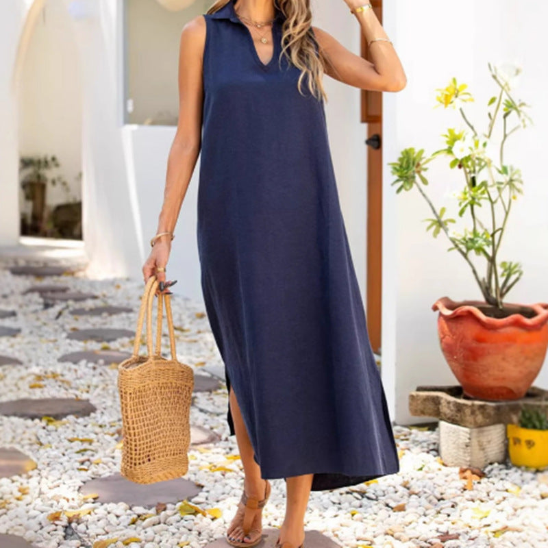 Solid Color Sleeveless V-Neck Loose Fit Dress