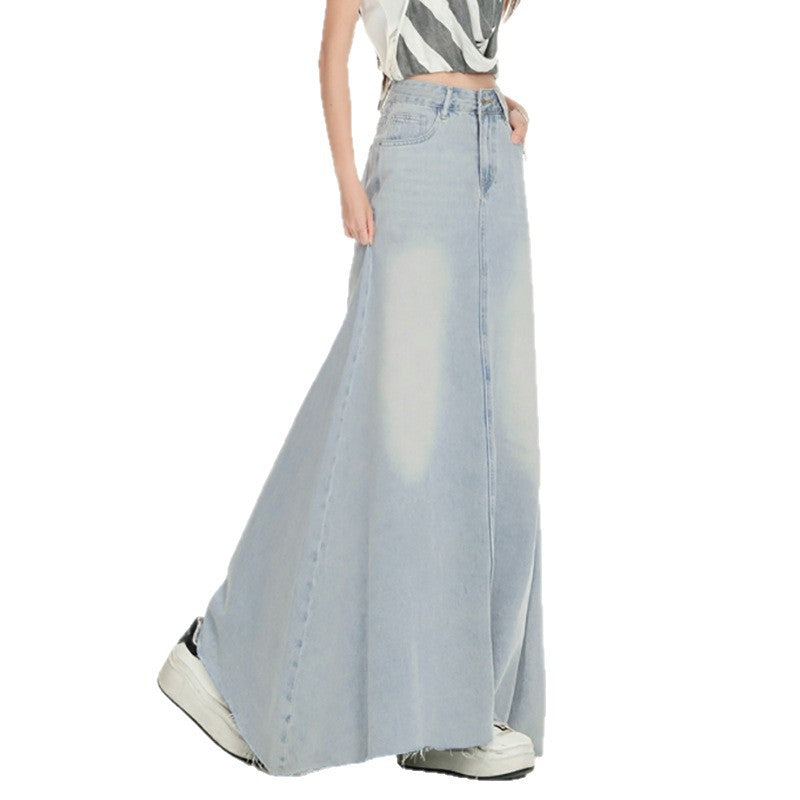 Style High-Waisted Flowy Denim Skirt Women's Spring Summer  Frayed Hem Flared Denim Skirt