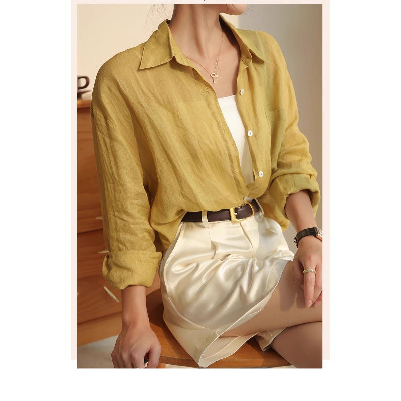 Yellow Ramie Shirt for Women Long Sleeve Lightweight Casual Blouse