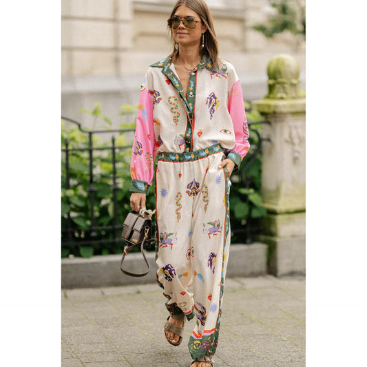 Autumn and Spring New Long Sleeve Pocket Abstract Print Set INS Loose Casual Two-Piece Suit for Women