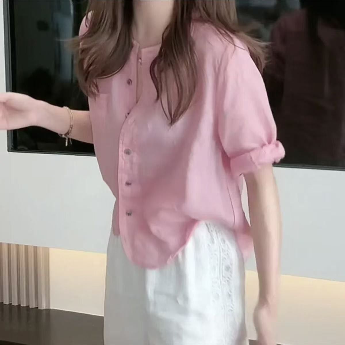Elegant Solid Color Shirt Women Summer Loose Fit Flattering Slimming Casual Simple  Mid-Sleeve Blouse Women