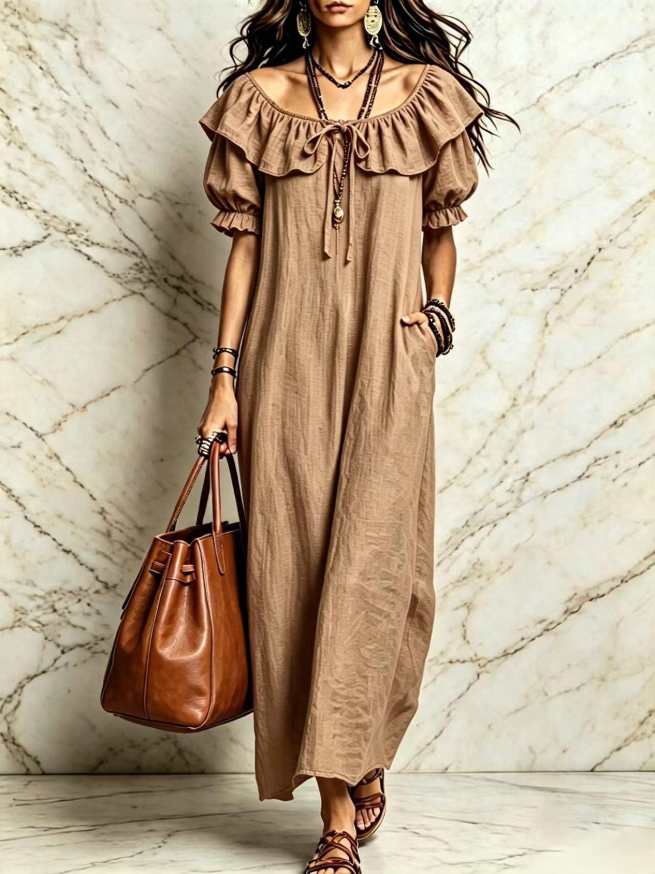Casual Elegant Round Neck Ruffle Beach Vacation Dress for Women