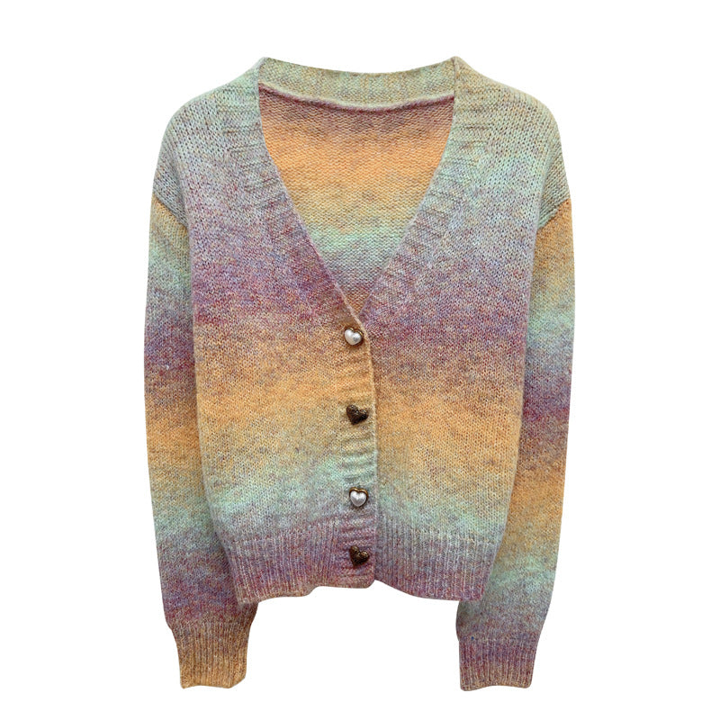 Tie dye gradient sweater jacket for women V-neck mohair knit cardigan for women