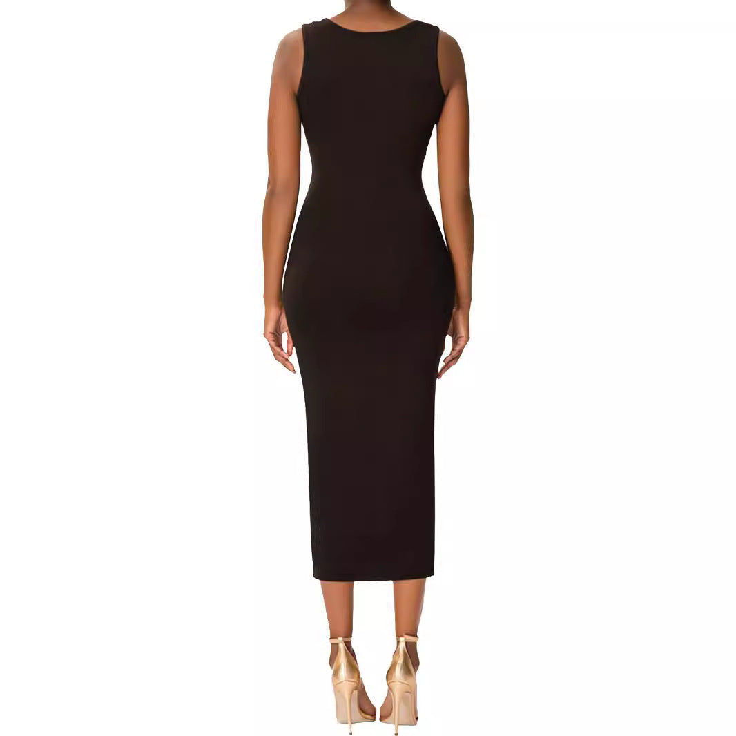 Elegant Simple Solid Color Sleeveless U-Neck Bodycon Dress for Women