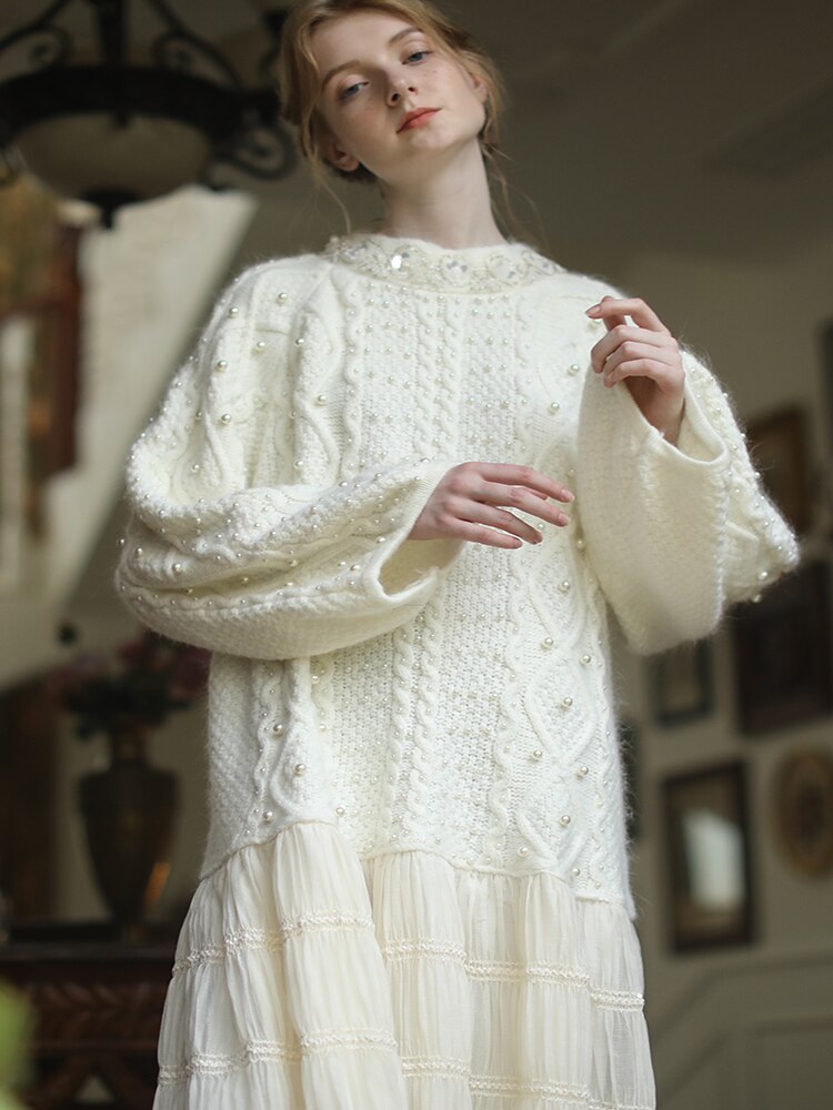 Wool Handmade Beaded Sparkling Elegant Big Skirt False Two-Piece Loose Sweater Dress