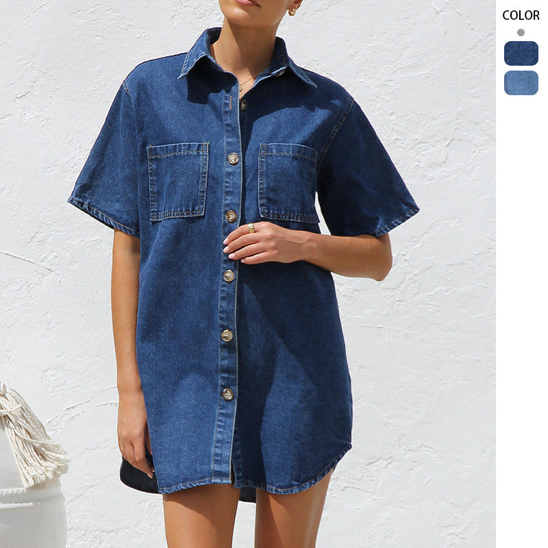 Denim Short Sleeve Open Front Shirt Dress for Women with Turn-Down Collar and Loose Fit