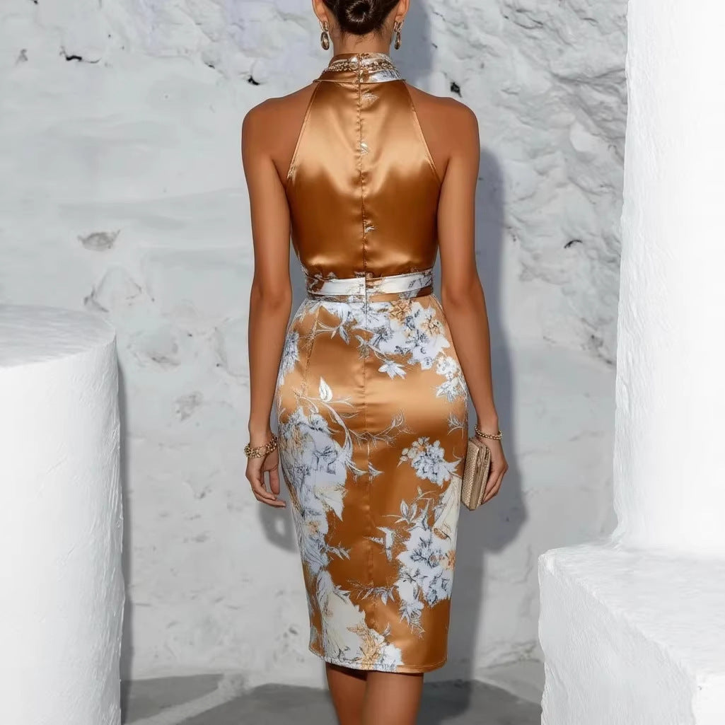 Elegant Chiffon Print Halter Neck Dress  Formal Evening Gown