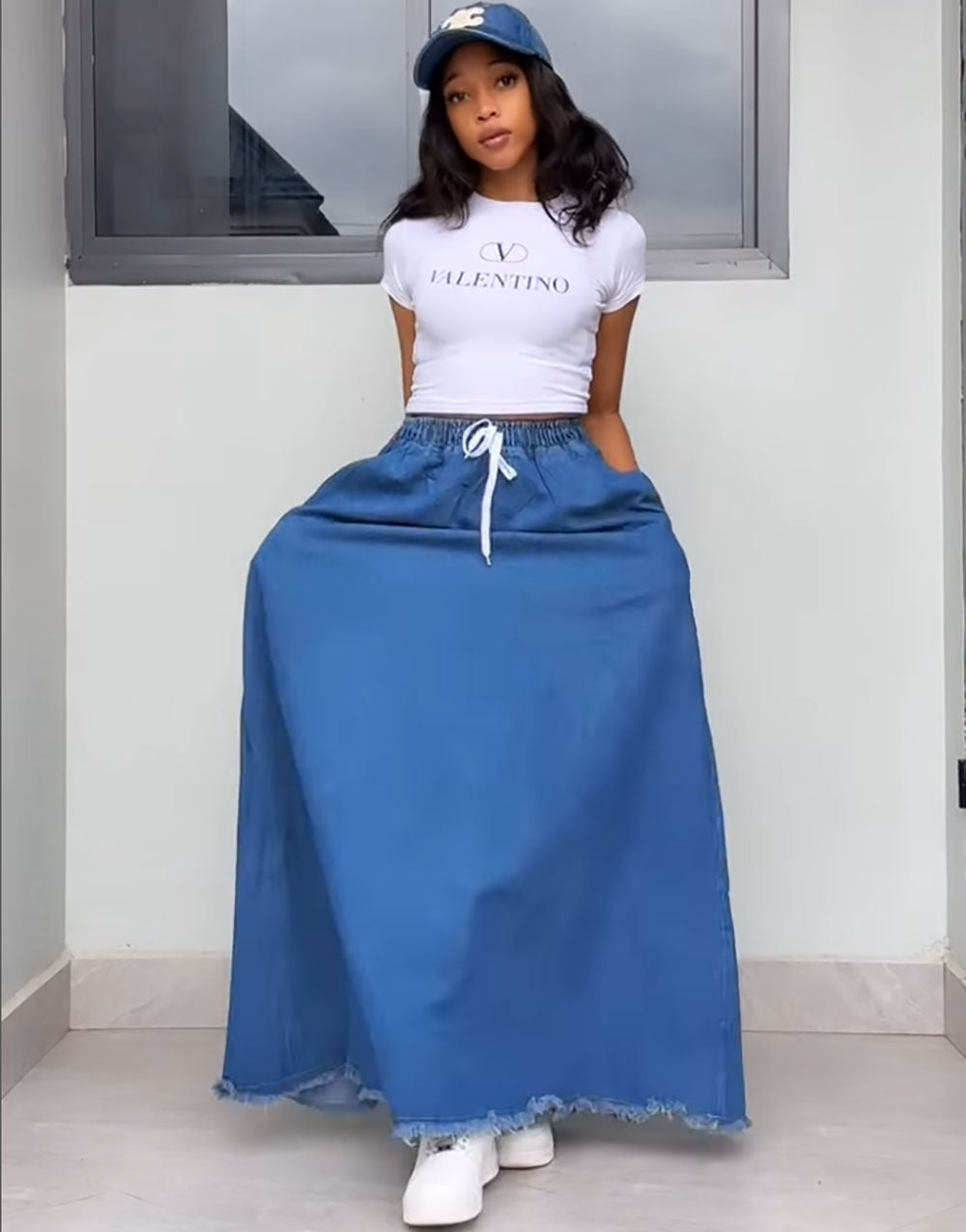 Women's Denim Skirt, Washed Solid Color, Drawstring High Waist, Ruffle Long Skirt Fashion Style