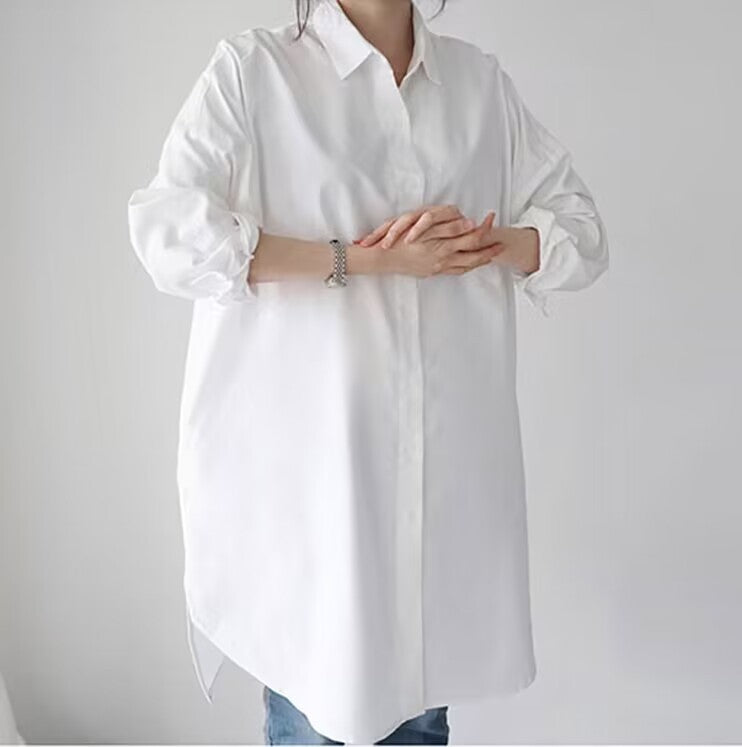 Women's New Long-sleeved White Shirt Medium and Long Length Fashionable Lazy and Loose Design with Pockets