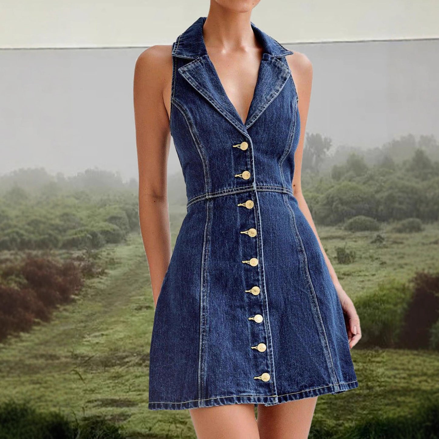 V-Neck Patchwork A-Line Waist-Cinched Umbrella Button Sleeveless Vest Denim Dress for Women