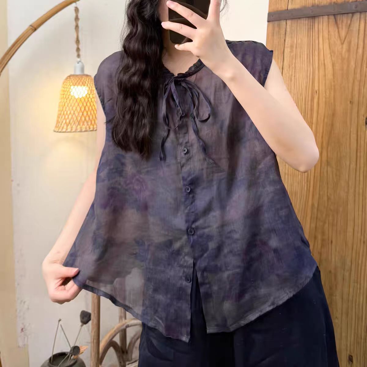 Summer New Versatile Literary Style Printed Collar Tie Button Sleeveless Hemp Blouse