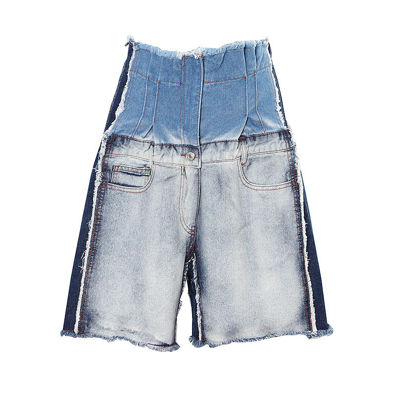 Fashion High-Waist Patchwork Distressed Five-Panel Denim Pants