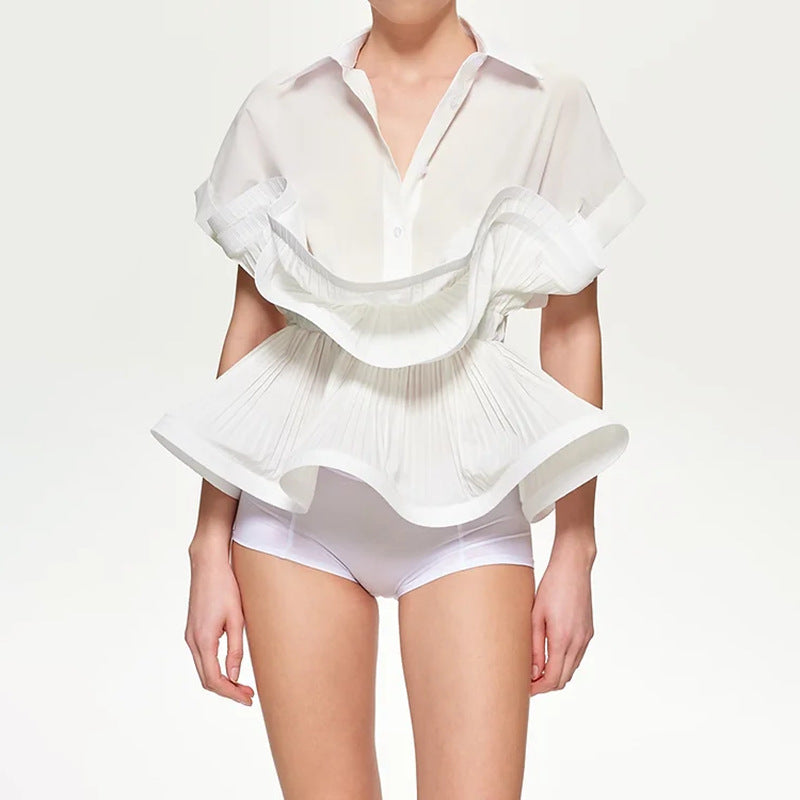 Patchwork Open Front Short Sleeve Ruffle Fitted Slimming Blouse for Women