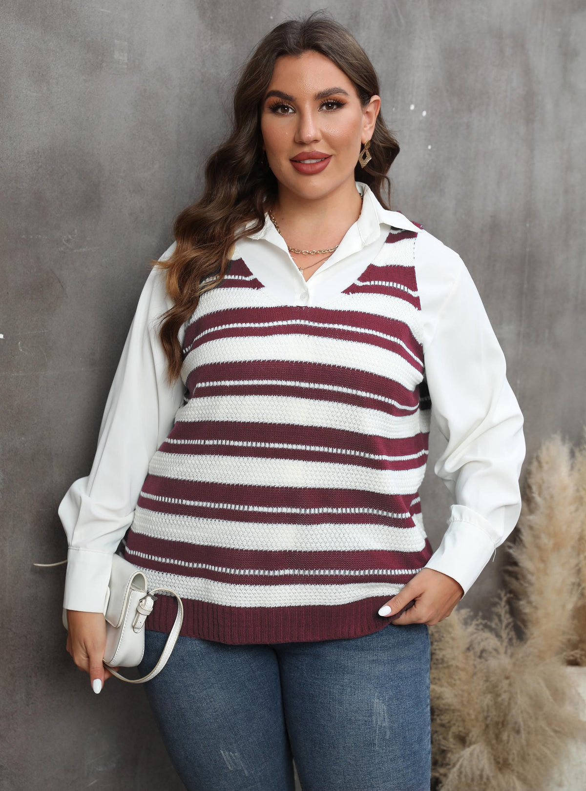 Large size women's striped contrasting splicing casual vest top with woolen vest