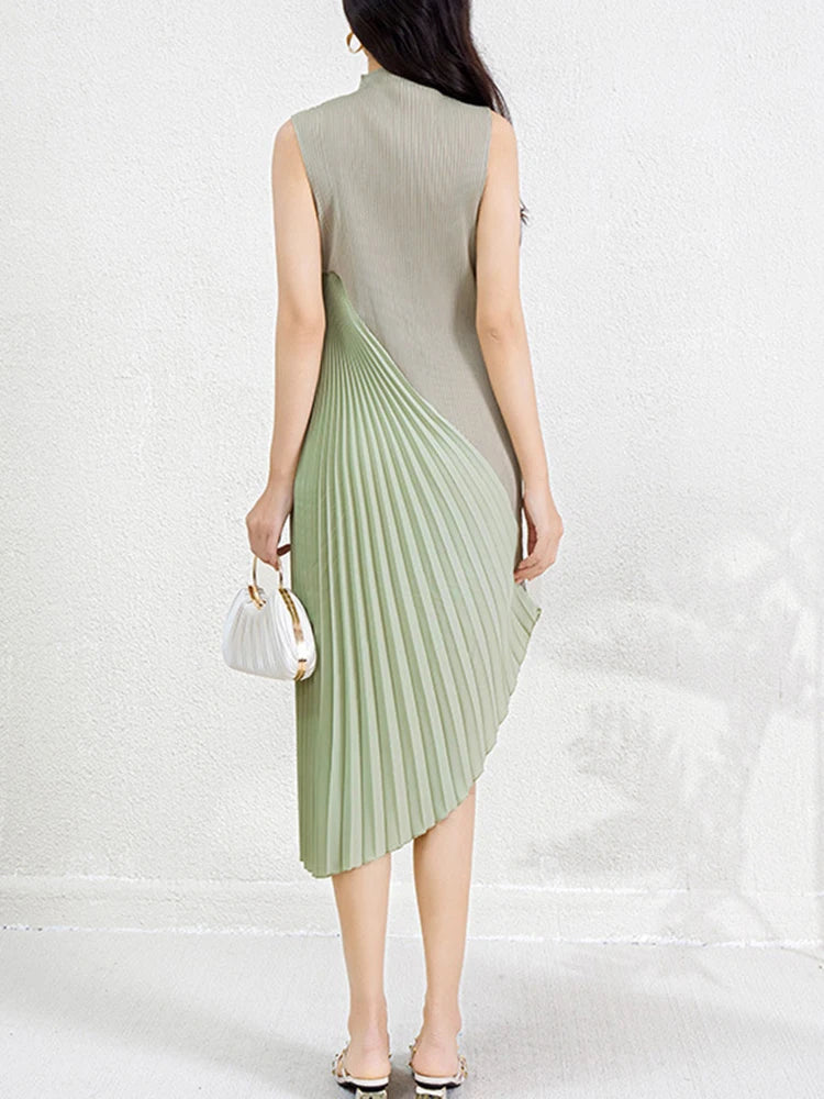 Irregular pleated dress women's semi high neck fashionable and elegant formal dress