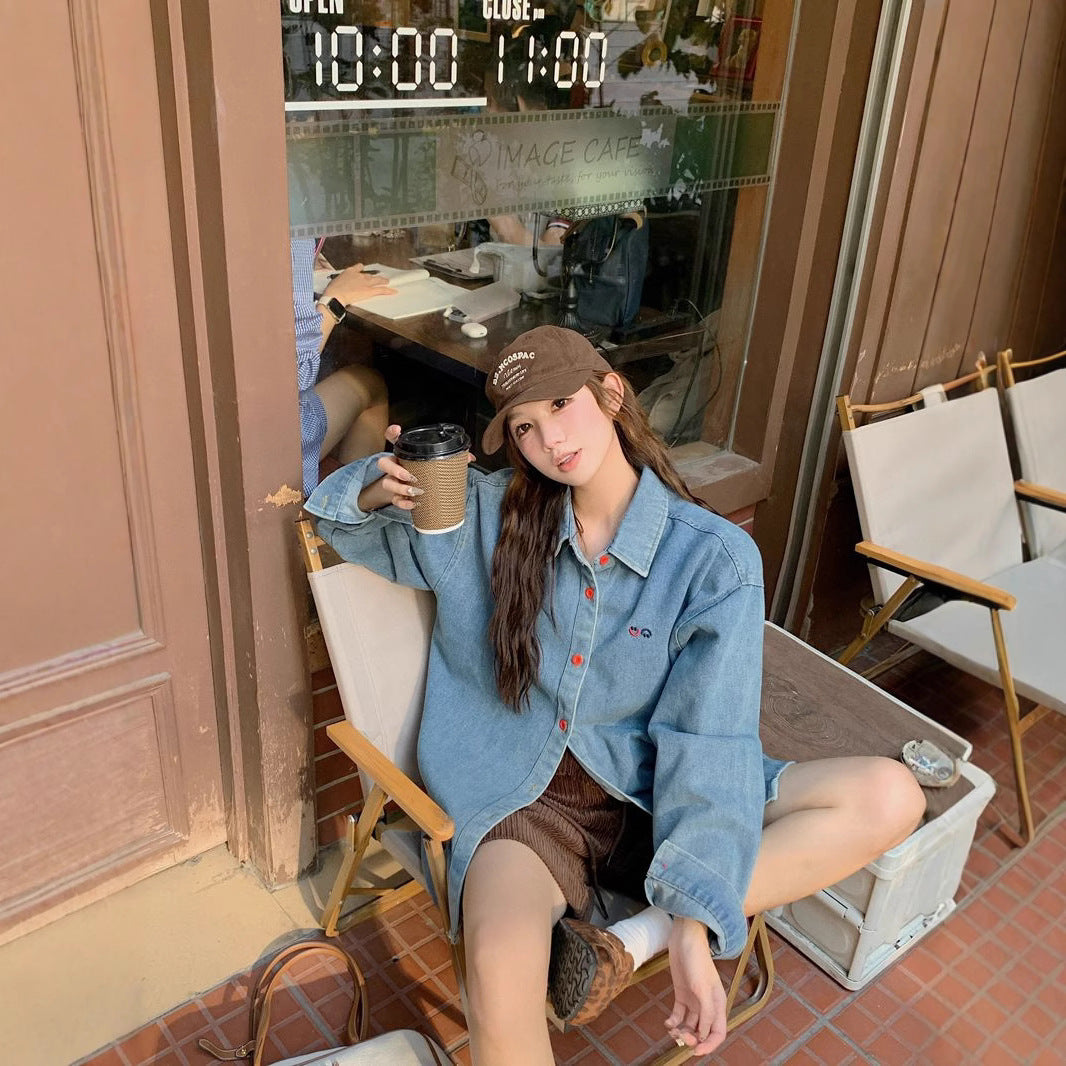 Style Blue Denim Shirt Women's  Loose  Versatile Casual Polo Collar Long Sleeve Jacket
