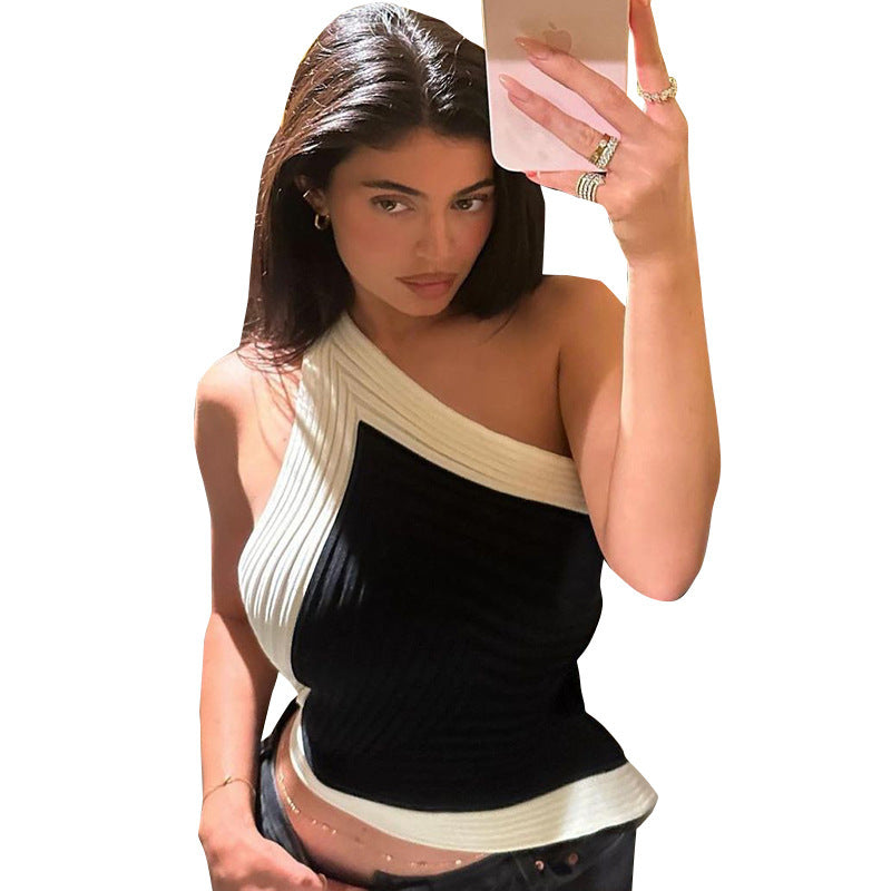 Summer new design with black and white contrasting colors, sexy hanging neck tie and sloping shoulder vest top