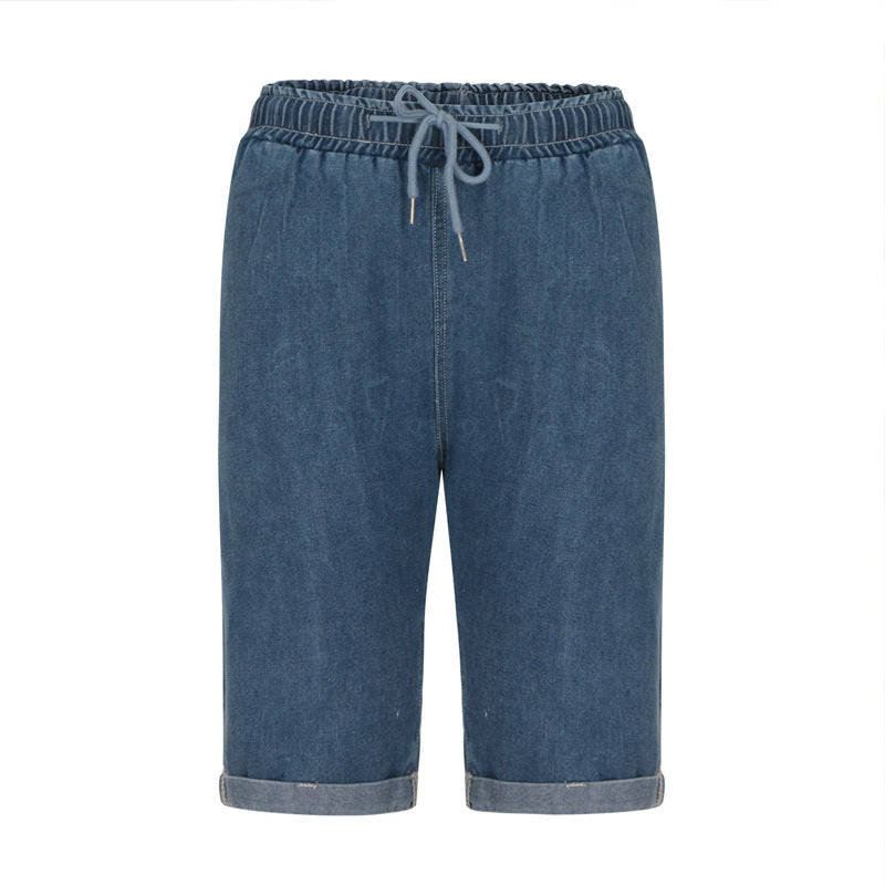 Straight elastic waistband drawstring five quarter pants denim shorts