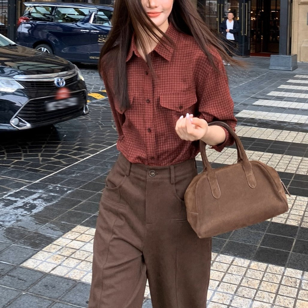 Vintage Plaid Long Sleeve Shirt for Women, Loose Fit, Slimming Design, Stylish Blouse