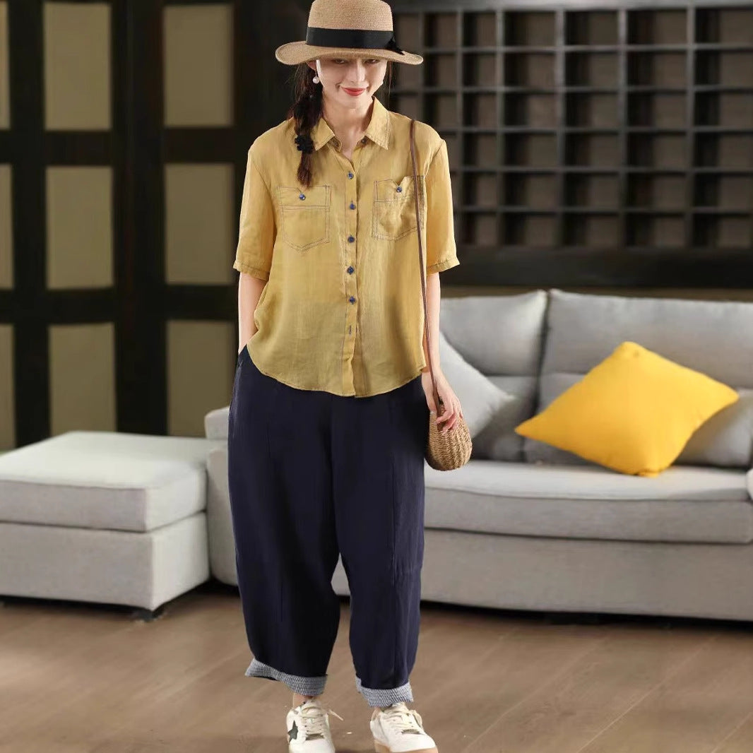 Buttoned Linen Shirt Women's Elegant Turn-Down Collar Short Sleeve Blouse Thin Top