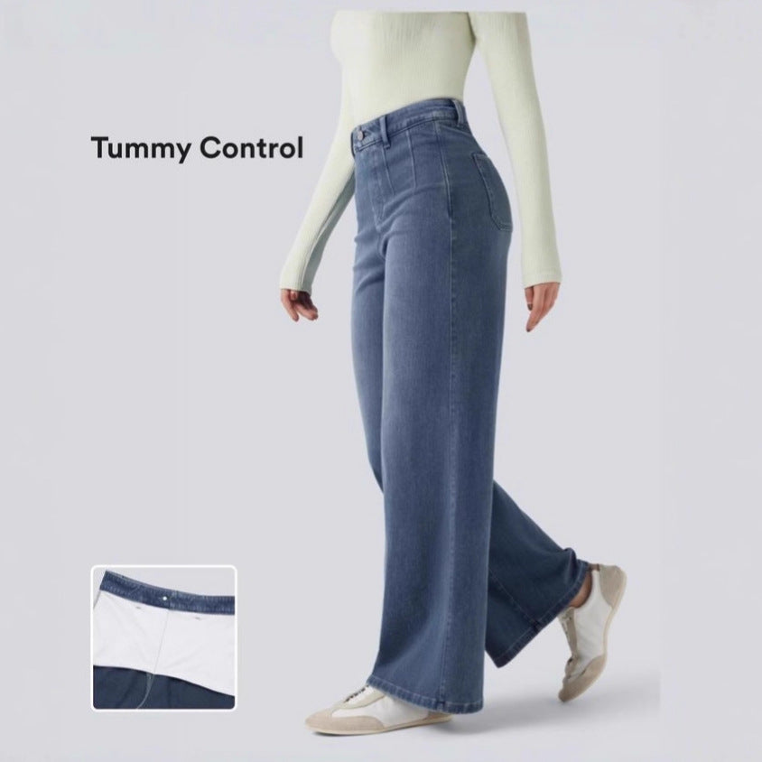 High Waist Elastic Denim Pants Women Casual Loose Wide Leg Pants Fashion