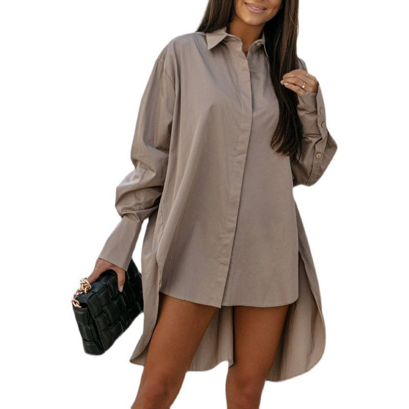Long sleeved shirt casual solid color loose collar irregular shirt for women