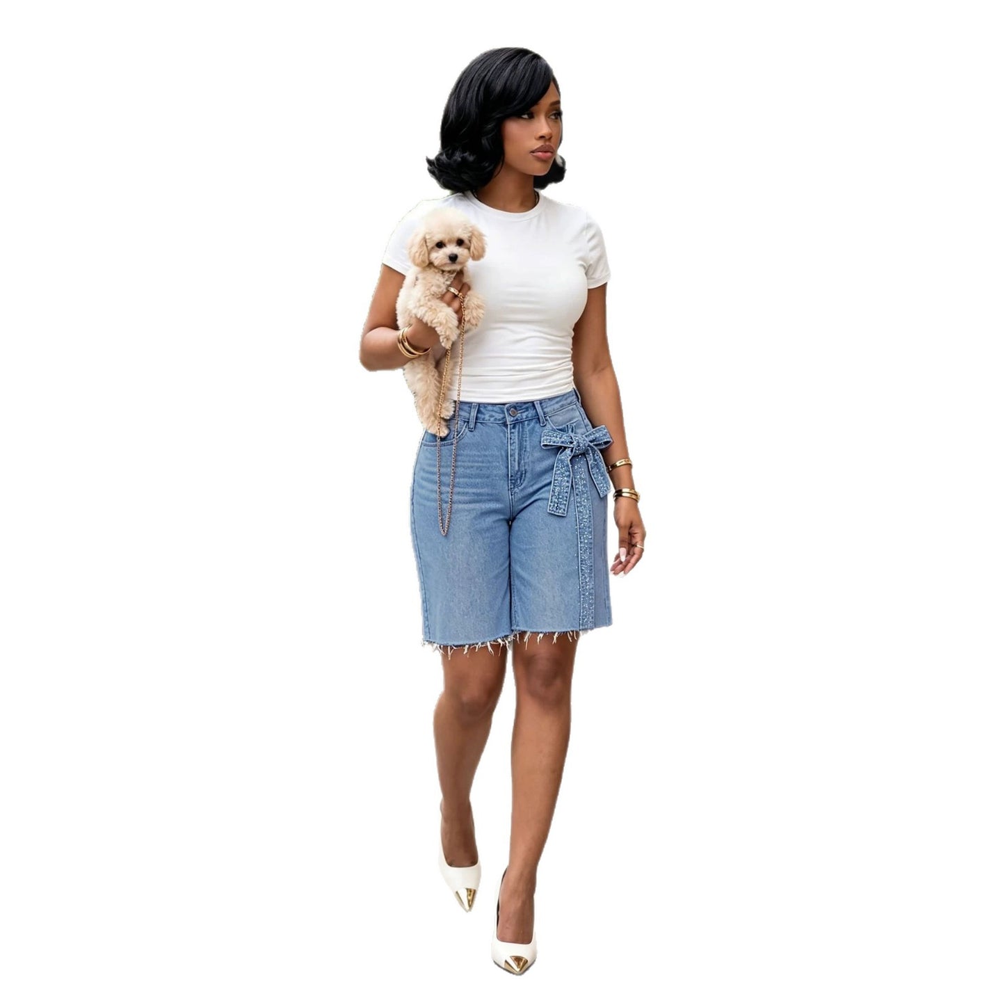 Fashion Rhinestone 3D Bow Denim Shorts