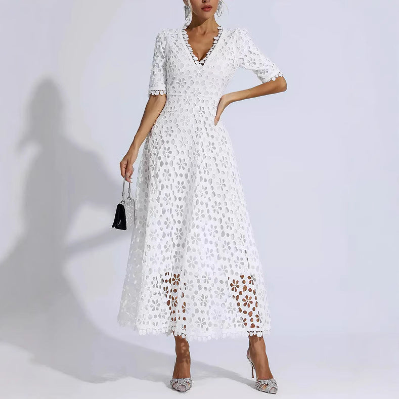 Elegant Deep V-Neck Mid-Sleeve Medium-Length Lace Evening Dress for Women ndash