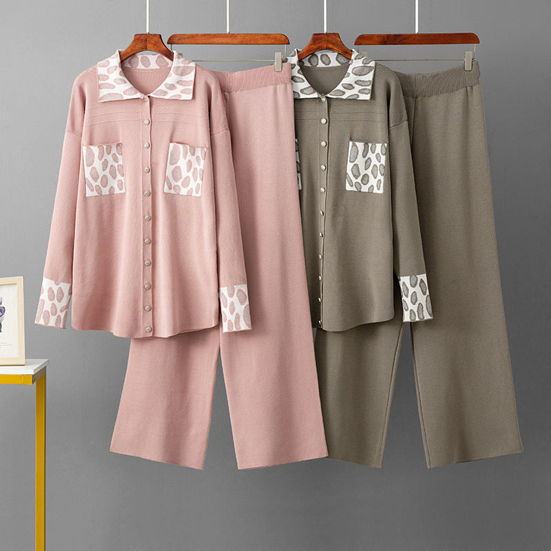 POLO collar loose sweater wide leg pants two-piece set for women