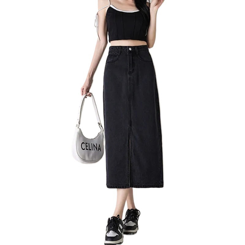 High-Waisted Black Denim A-Line Midi Skirt with Side SlitSlimming and Versatile for Plus Size Pear Shape Thigh Coverage Spring and Autumn