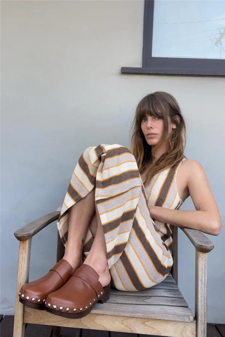 summer knitted midi long straight loose tank dresses for women streetwear chic casual stripe v-neck dress lady robe femme