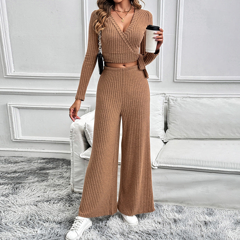 Textured Long Sleeve Tie Women's Two-Piece Set