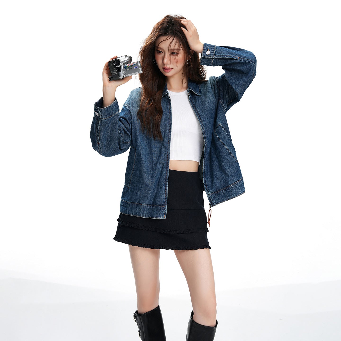 Autumn New Denim Jacket Old Money Style Loose Zip-Up Vintage Denim Outwear Set for Women