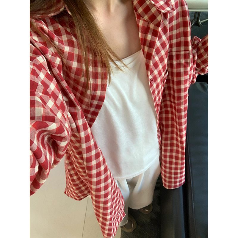 Retro Red Plaid Shirt Jacket Loose Casual Lazy Long Sleeve Sunscreen Blouse Top