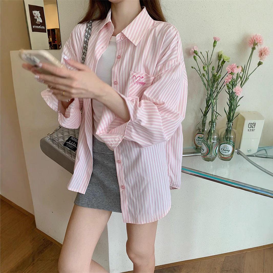 Embroidered Stripe Shirt Jacket Women's Thin Casual Blouse Loose Mid-Length Sunscreen Cardigan Versatile Top
