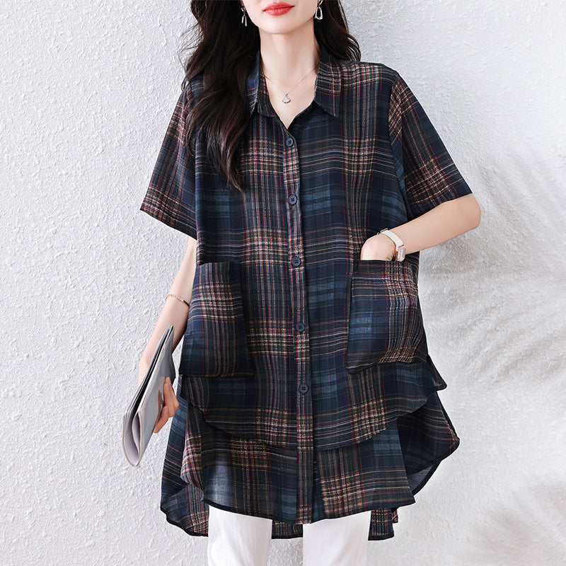 Plus Size Women's Summer Fashion Versatile Plaid Chubby MM Elegant Shirt Loose Belly Covering Slimming Blouse
