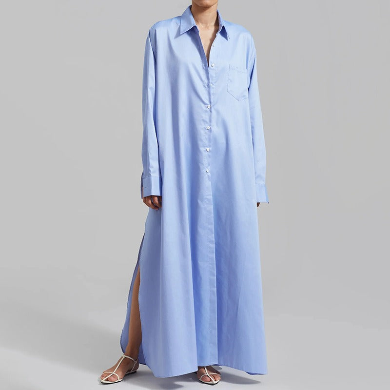 Flip collar side slit design simple long sleeved shirt for women