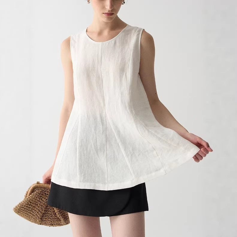 White Linen Blouse with Unique Patchwork Design Loose Sleeveless Top