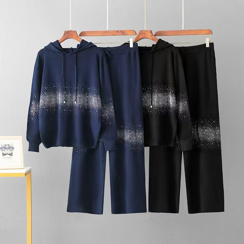 Loose hooded sweatshirt wide leg pants two-piece set