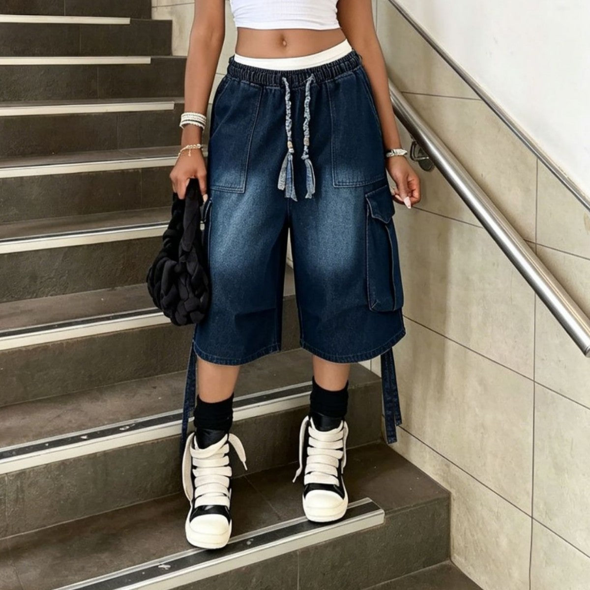 Workwear Denim Pants with Washed Finish Elastic Drawstring Waist Casual Style Bottoms