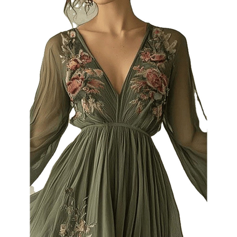 Printed long sleeved long collar dress long skirt
