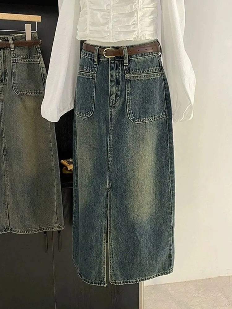 Cement Gray High-Waisted Mid-Length A-Line Denim Skirt with Slit Design for Women, Casual and Versatile Step Skirt