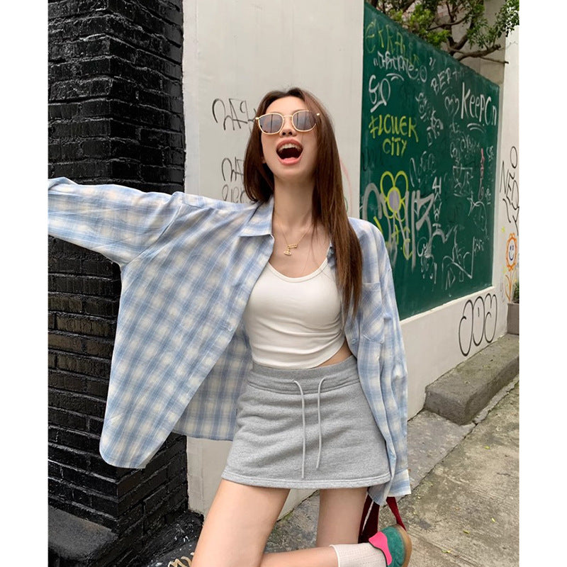 Lazy Style Notched Collar Plaid Long Sleeve Shirt  Thin Casual Loose Sunscreen Cardigan Blouse Women's Outerwear