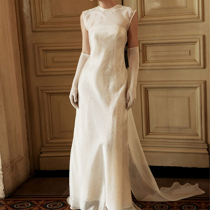 French Sleeveless Dress Women Elegant Pure White Slim Round Neck Strap Dress Long Dress Formal Wear