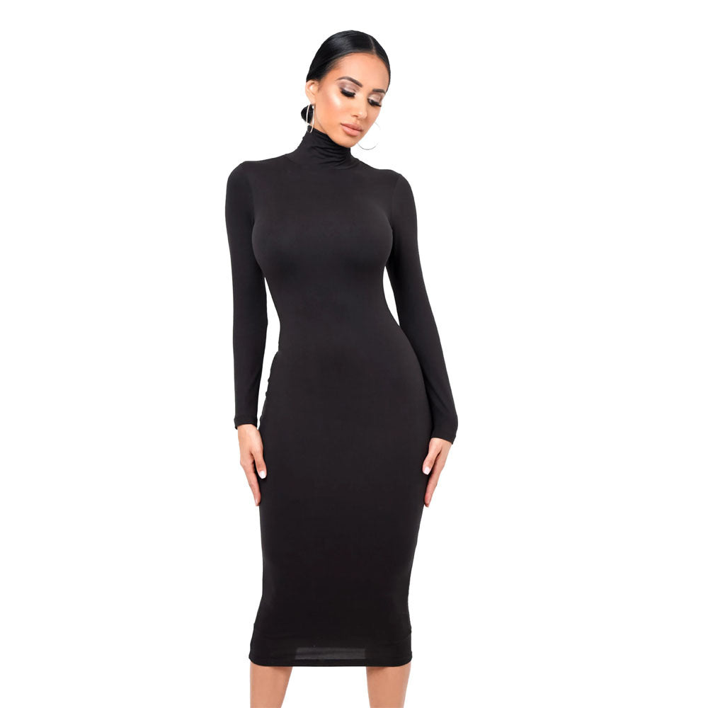 Autumn Winter New Fashion Sexy High Neck Dress Knit Thick Fitted Bodycon Dress