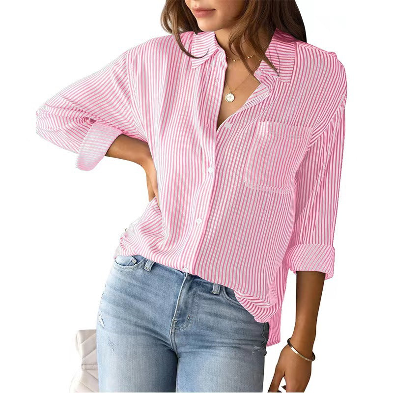 Women's Striped Cardigan Top Loose and Casual Long-sleeved Shirt