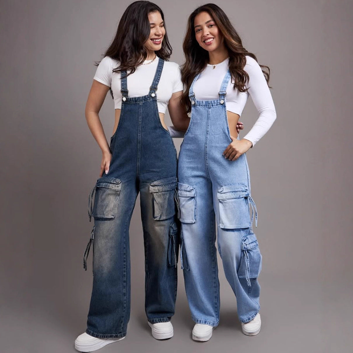 Casual Straight-Leg Denim Overalls for Women Street Style Multi-Pocket Denim Jumpsuit